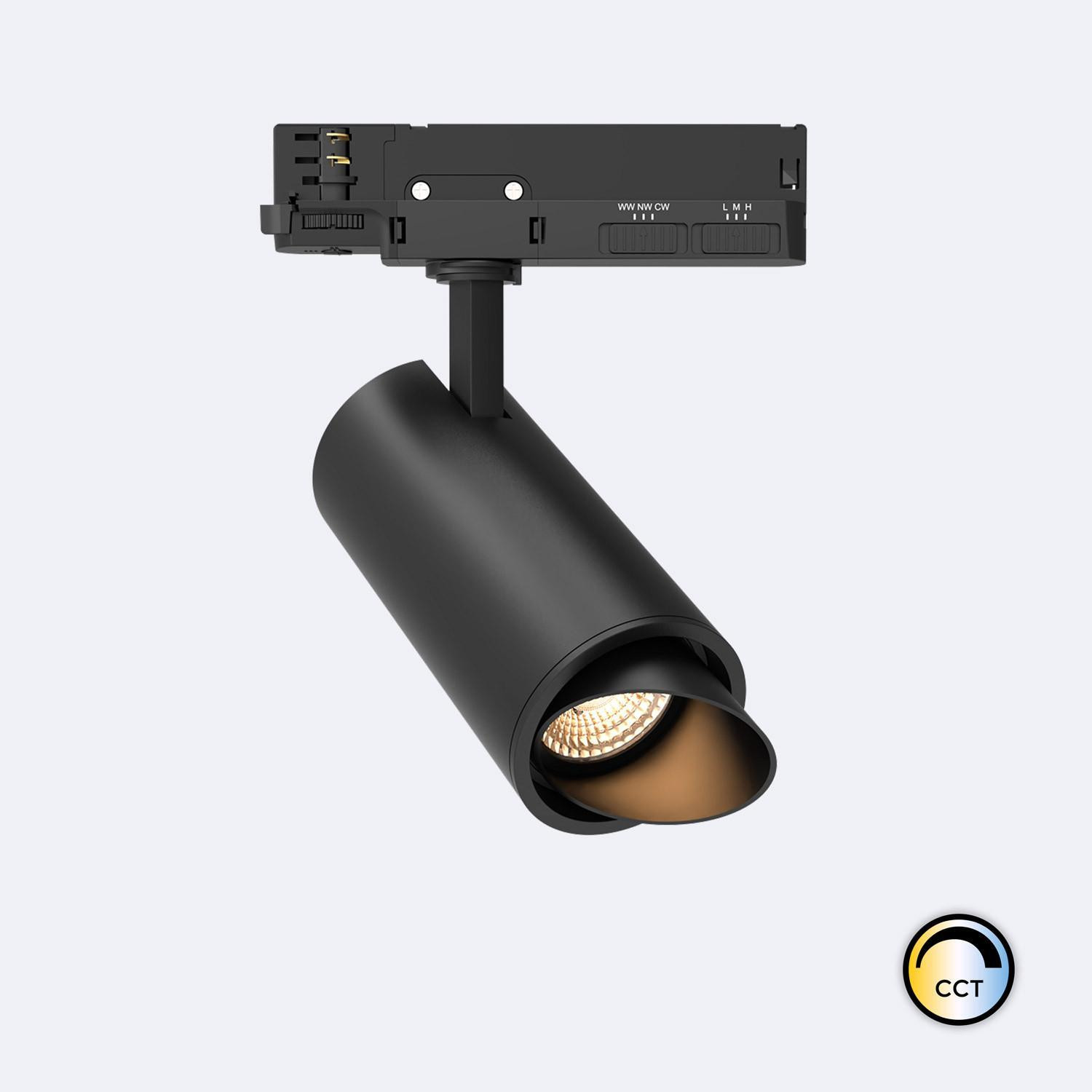 Spot LED Fasano Cylindre Biseau 30W pour Rail Triphasé CCT Dimmable DALI Noir Sélectionnable (2700K - 3200K - 4000K)