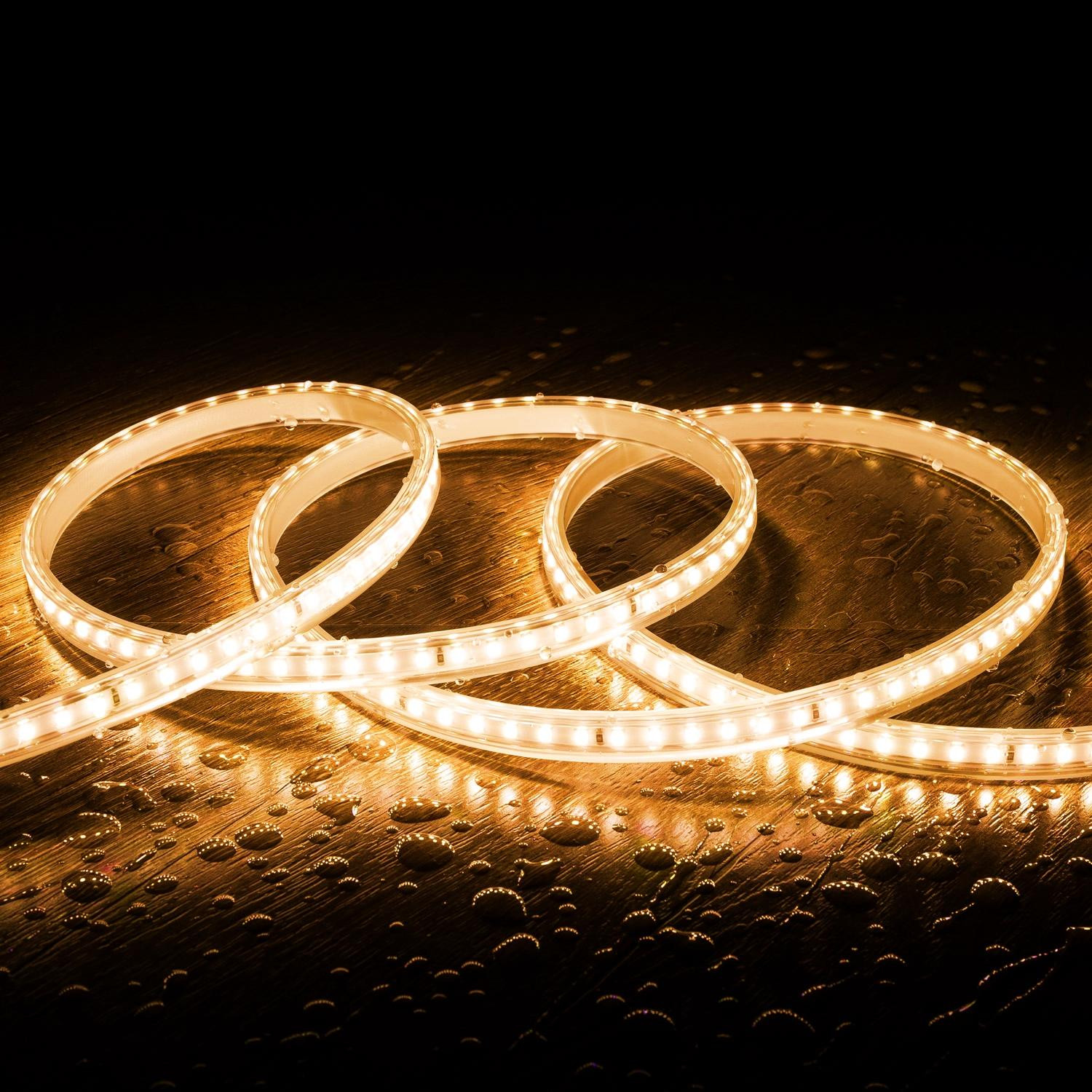 Ruban LED 220V SMD2835 120LED/m Blanc Chaud IP65 Largeur 12mm Coupe tous les 100cm 30m