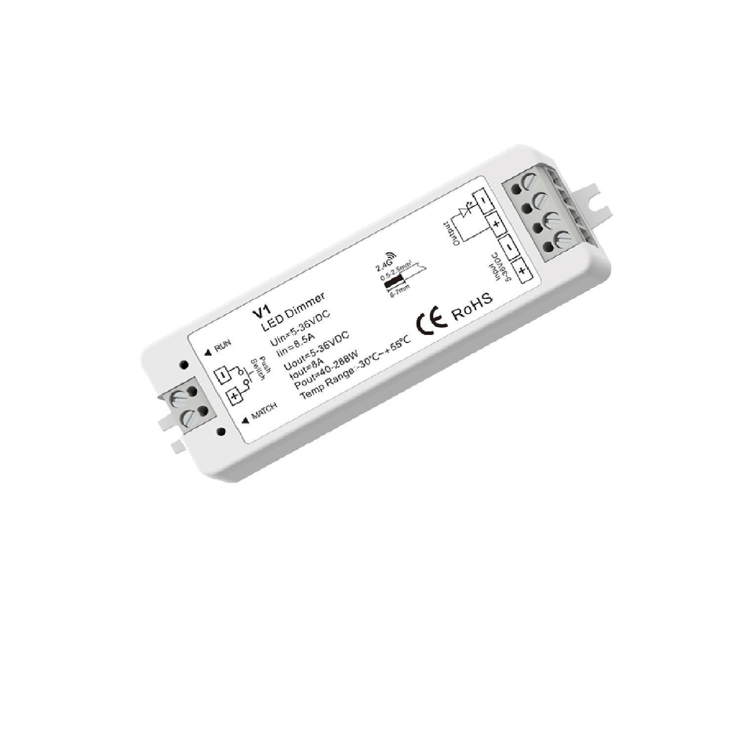 Contrôleur Variateur Ruban LED 5/12/24/36V DC Monochrome compatible avec Télécommande RF et Bouton-Poussoir Blanc