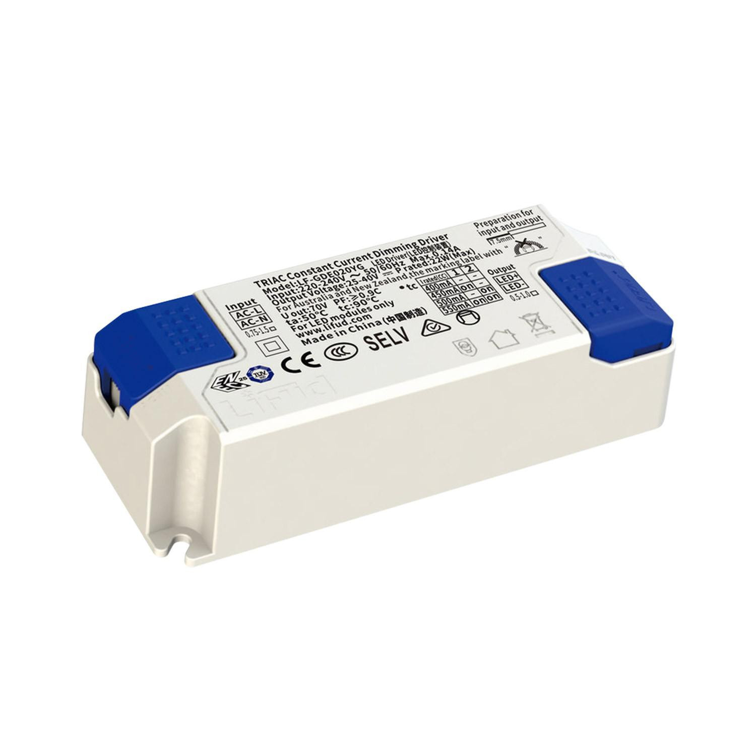 Driver LIFUD Dimmable TRIAC 220-240V Sortie 25-40V DC 400-550mA 16-22W No Flicker LF-GDE020YG Dimmable TRIAC