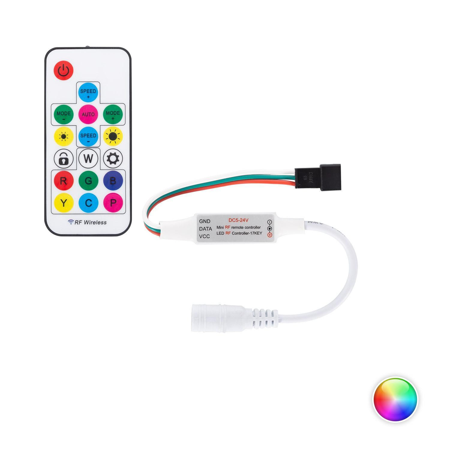 Contrôleur Variateur Mini Ruban LED RGBIC Numérique SPI 5-24V DC avec Télécommande RF RGB
