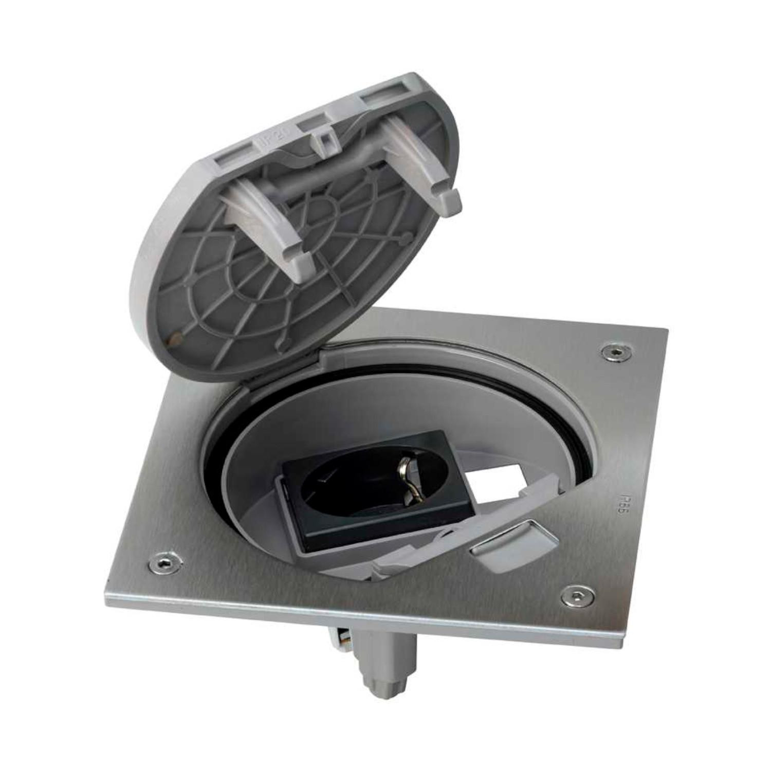 Bloc porte-mécanisme IP66 à fermeture manuelle et socle de prise Schuko pour 1 RJ45 Keystone inox Simon K45 KSE10U/23/72 Gris