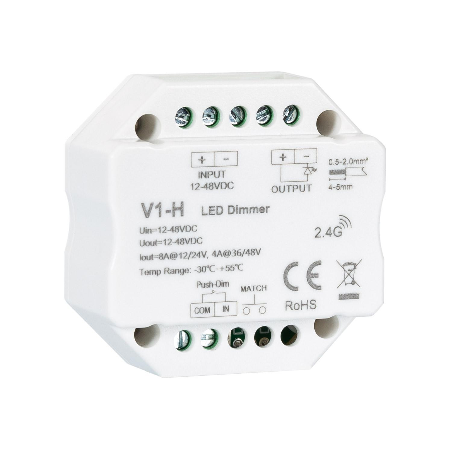 Module de Variation LED RF 12/48V pour Ruban LED Monochrome Compatible avec Bouton-Poussoir Blanc
