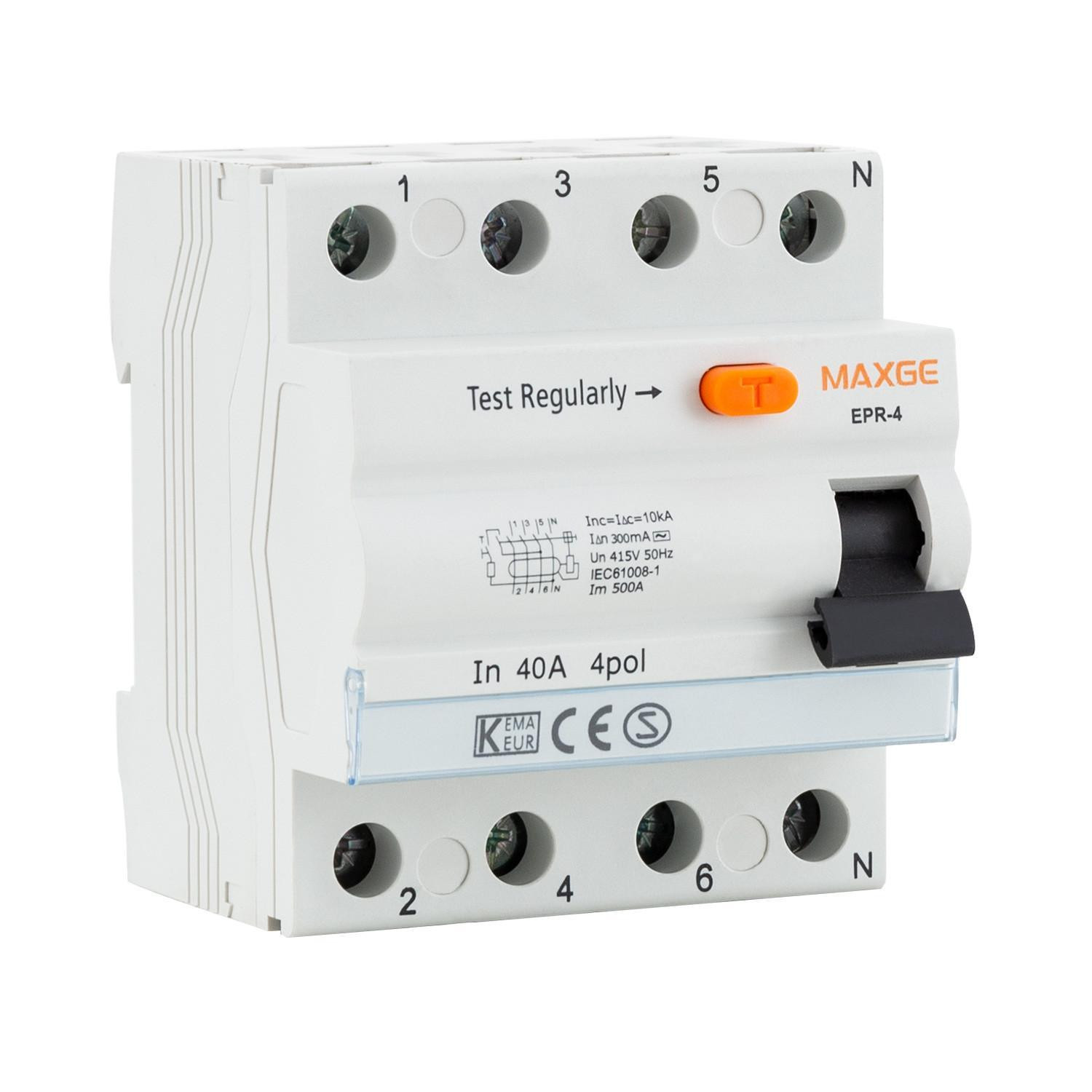 Interrupteur Différentiel Résidentiel 4P-300mA 40A-Class AC-10kA MAXGE 40A
