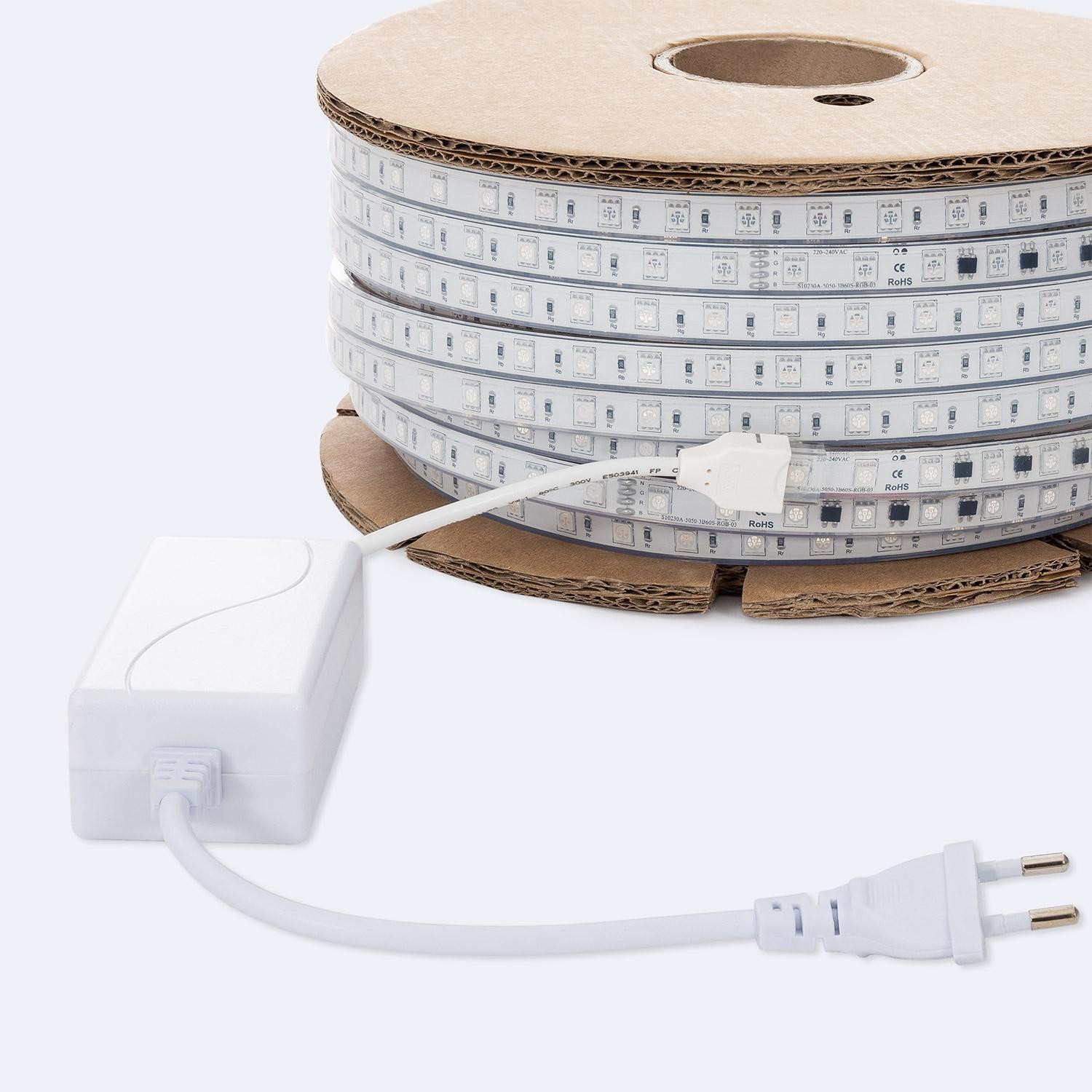 Bobine de Ruban LED RGB 220V AC SMD5050 Silicone FLEX 50m 60LED/m IP67 Largeur 12mm Coupe tous les 100 cm Télécommande RF