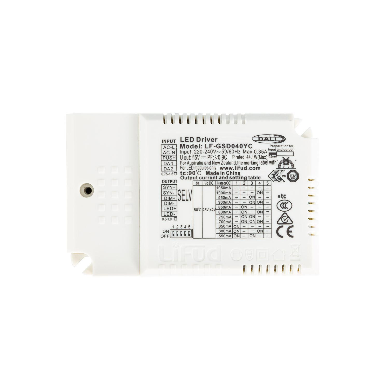 Driver LIFUD Dimmable DALI 1-10V 220-240V Sortie 25-42V DC 550-1050mA 23-44W No Flicker LF-GSD040YC 44W