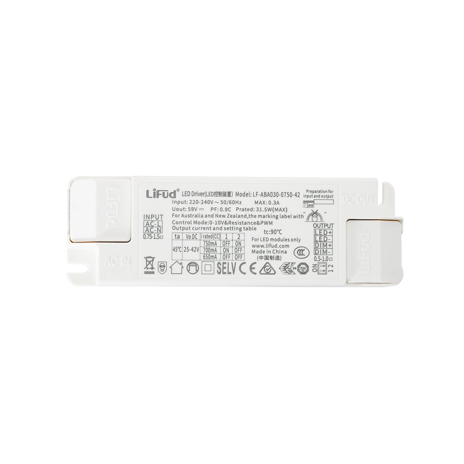 Driver LIFUD Dimmable 0-10V 220-240V No Flicker Sortie 25-42V 650-750mA 26-30W LF-ABA030-0750-42 30W