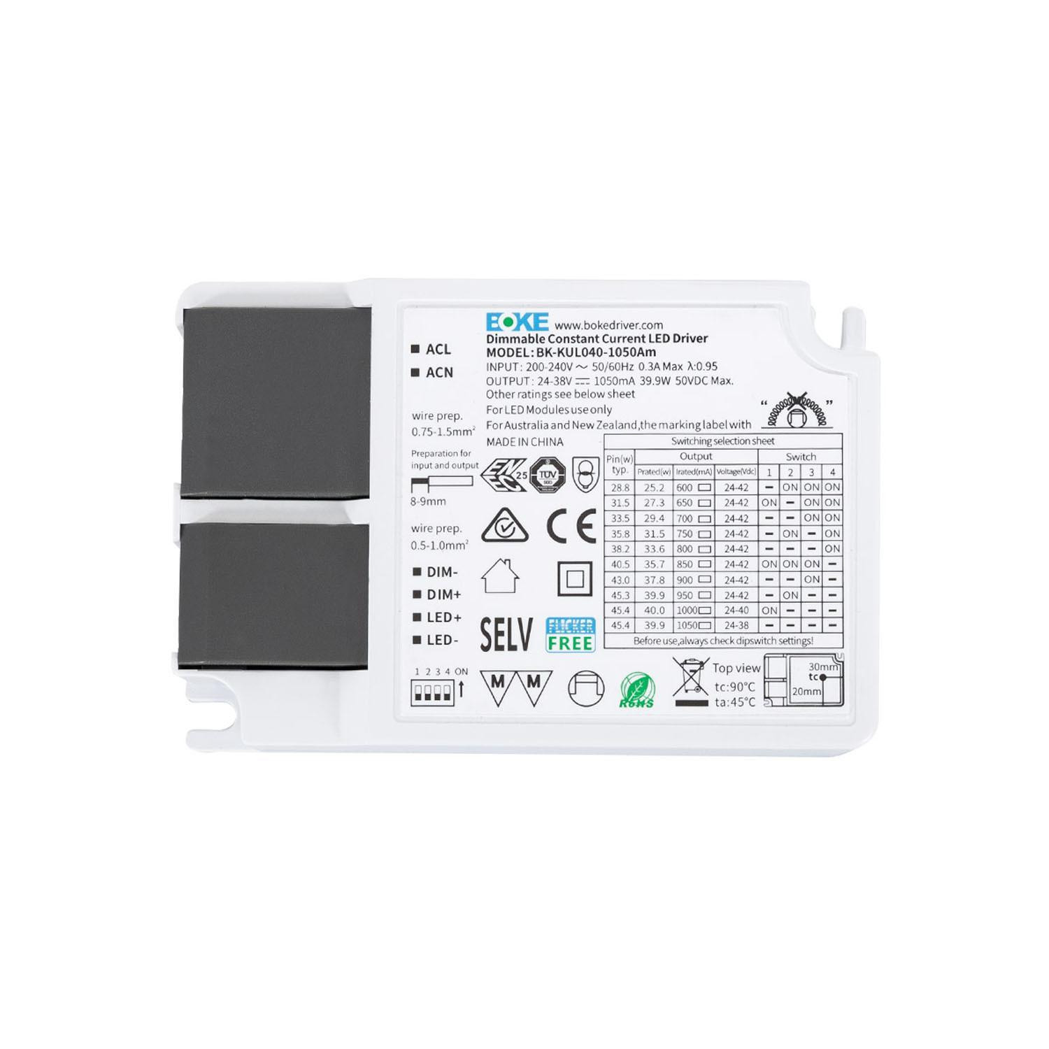 Driver BOKE Dimmable 1-10V 200-240V Sortie 24-38V DC 600-1050mA 25-40W No Flicker BK-KUL040 40W