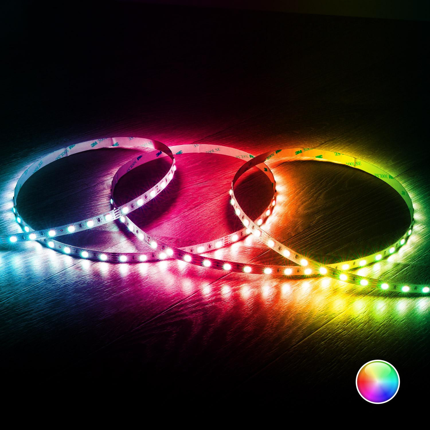 Ruban LED RGB 24V DC SMD5050 60LED/m 5m IP20 Largeur 10mm Coupe 10cm RGB