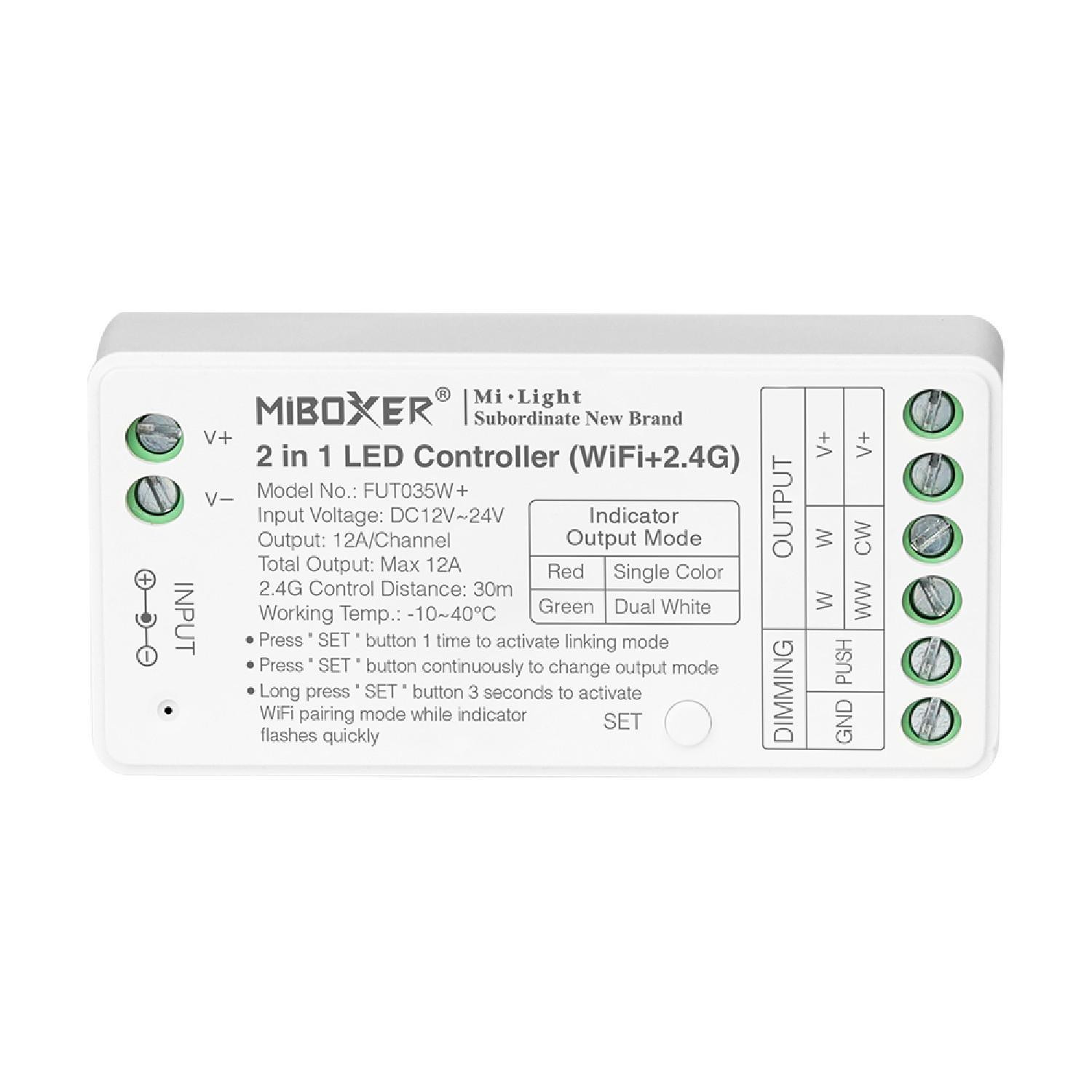 Contrôleur Variateur Wifi LED Monochrome/CCT 12/24V DC MiBoxer FUT035W+ Compatible avec Bouton Poussoir CCT