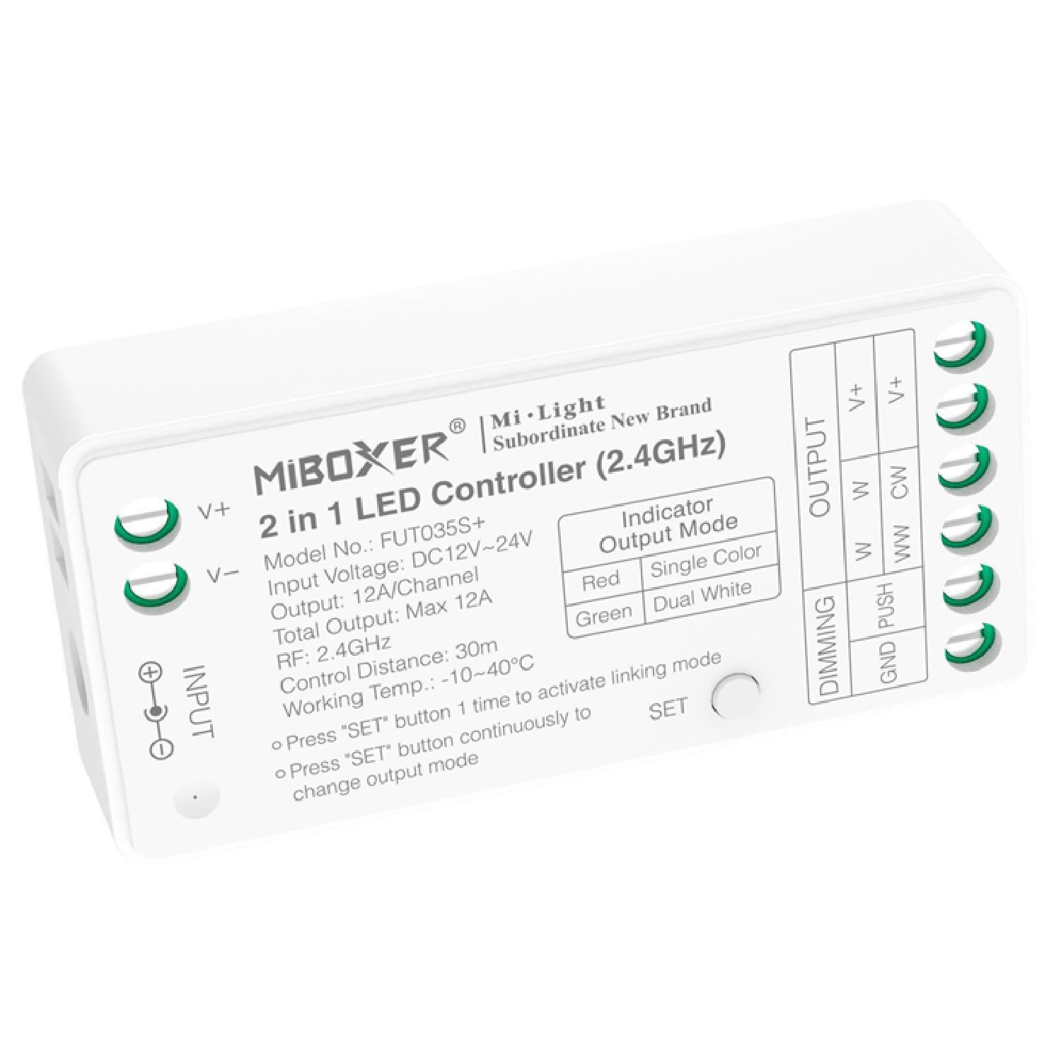 Contrôleur Variateur LED Monochrome/CCT 12/24V DC MiBoxer FUT035S+Compatible avec Bouton Poussoir Monochrome / CCT