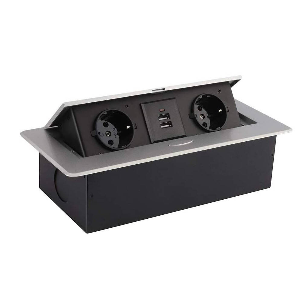 Base Multiple Encastrée 2 Prises Type F + 2xUSB Argenté