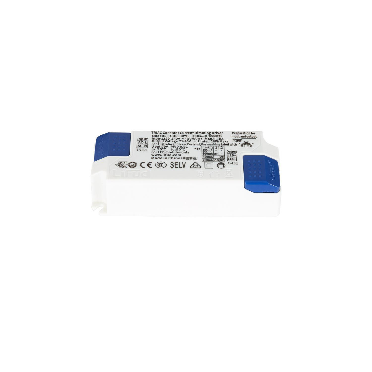 Driver LIFUD Dimmable TRIAC 220-240V Sortie 25-40V DC 550-700mA 22-28W No Flicker LF-GDE030YG Dimmable TRIAC