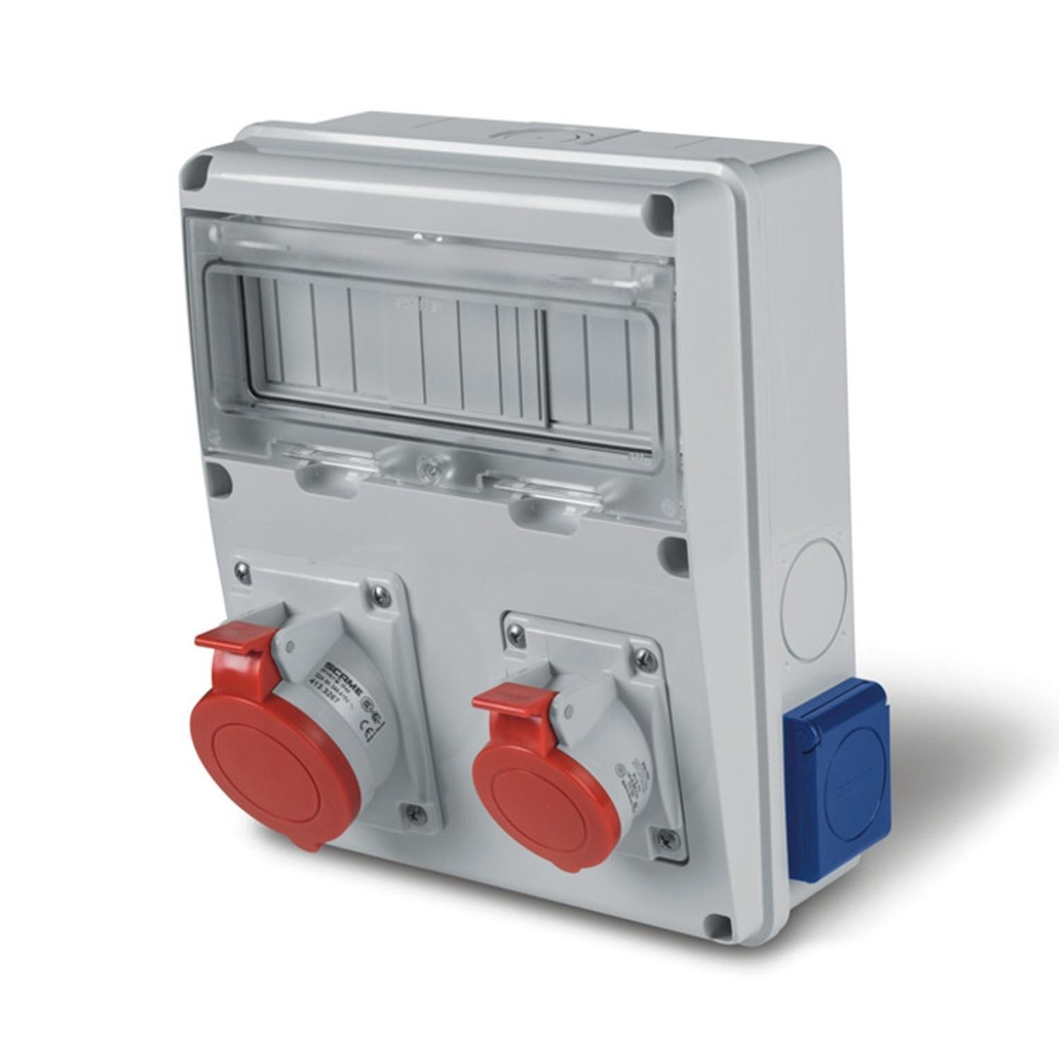 Coffret Électrique 11 Modules DIN 2 Prises 3P+N+T 32A + 2 Prises type F IP44 Enerbox SCAME Gris