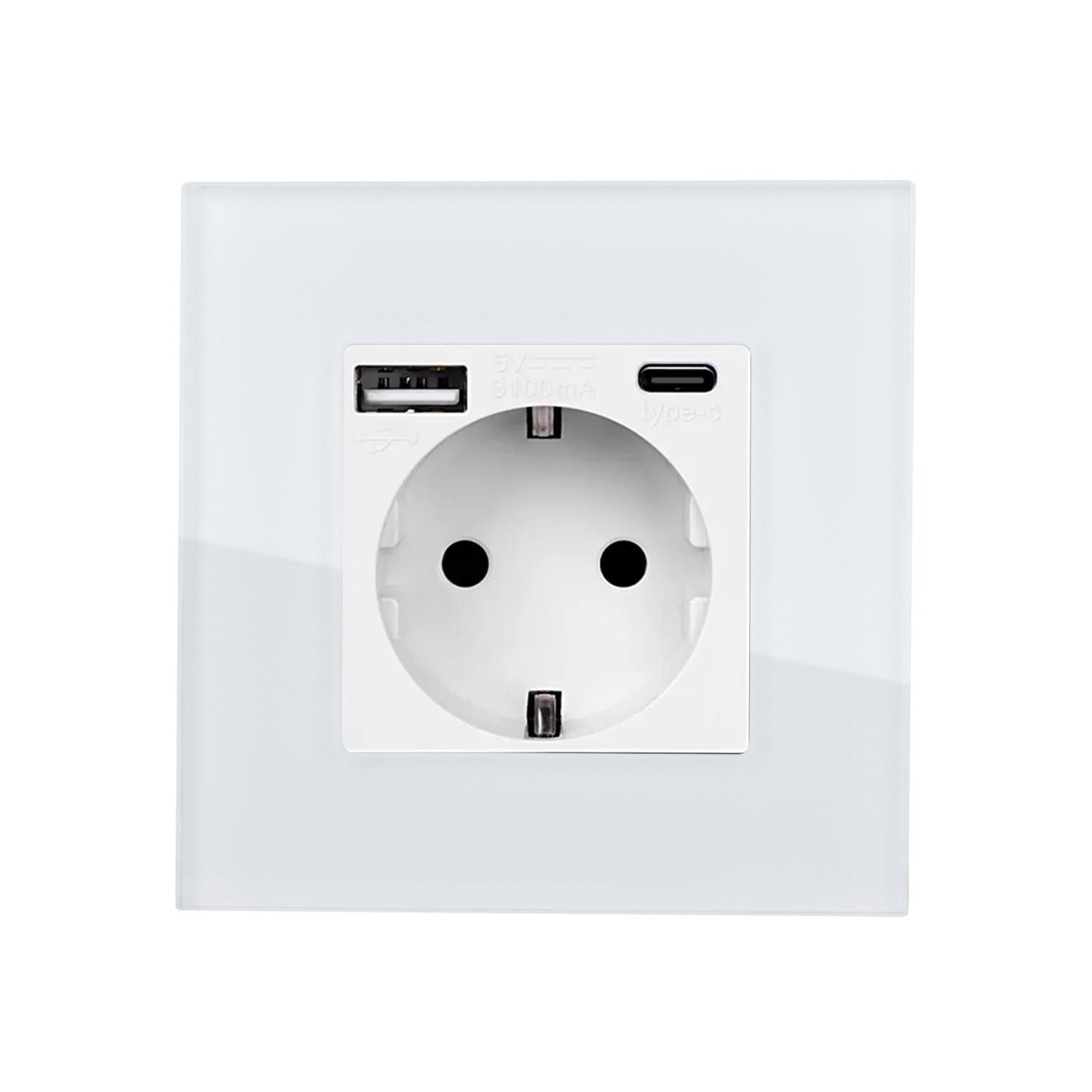 Prise avec port USB Schuko Type F avec Cadre Verre Modern Blanc