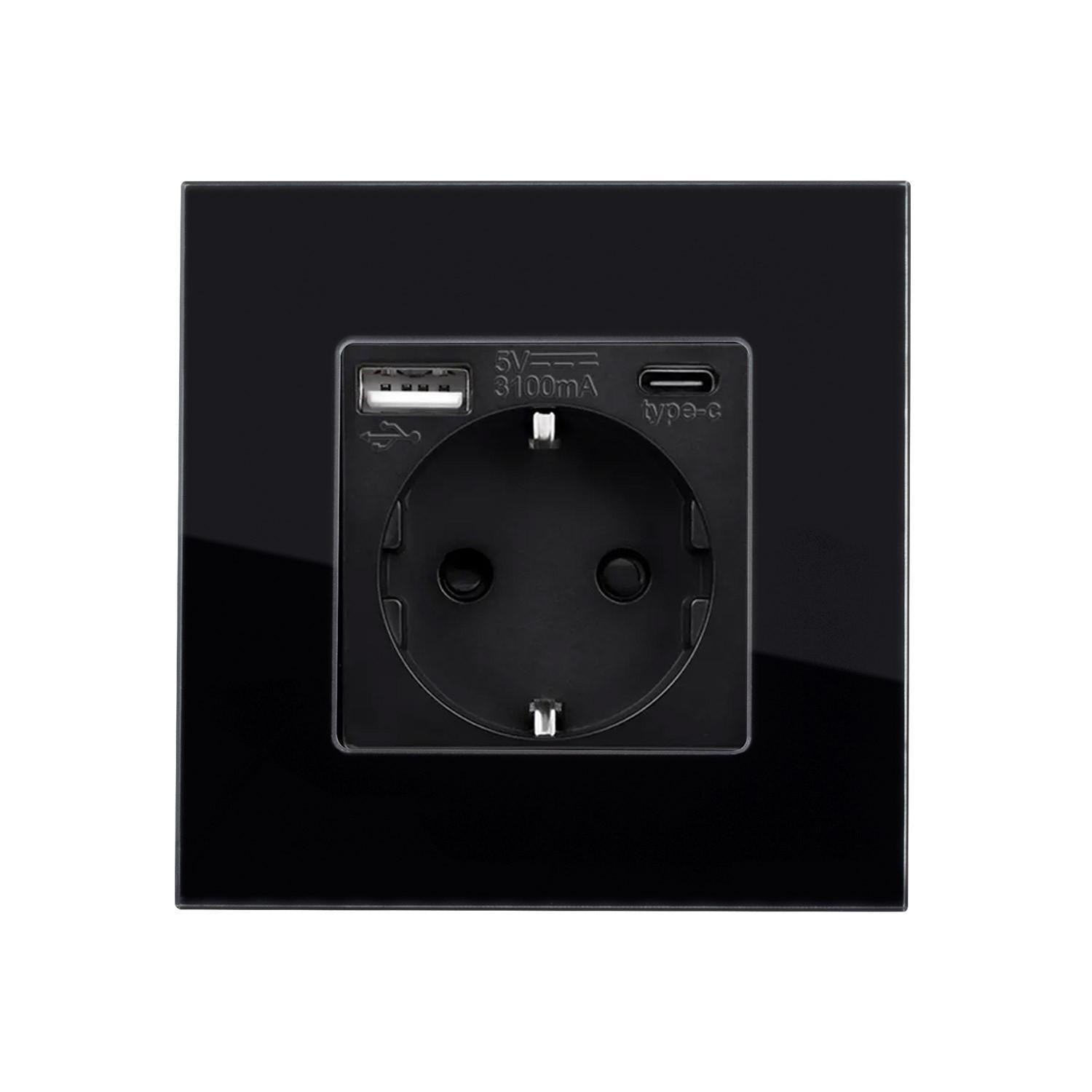 Prise avec port USB Schuko Type F avec Cadre Verre Modern Noir