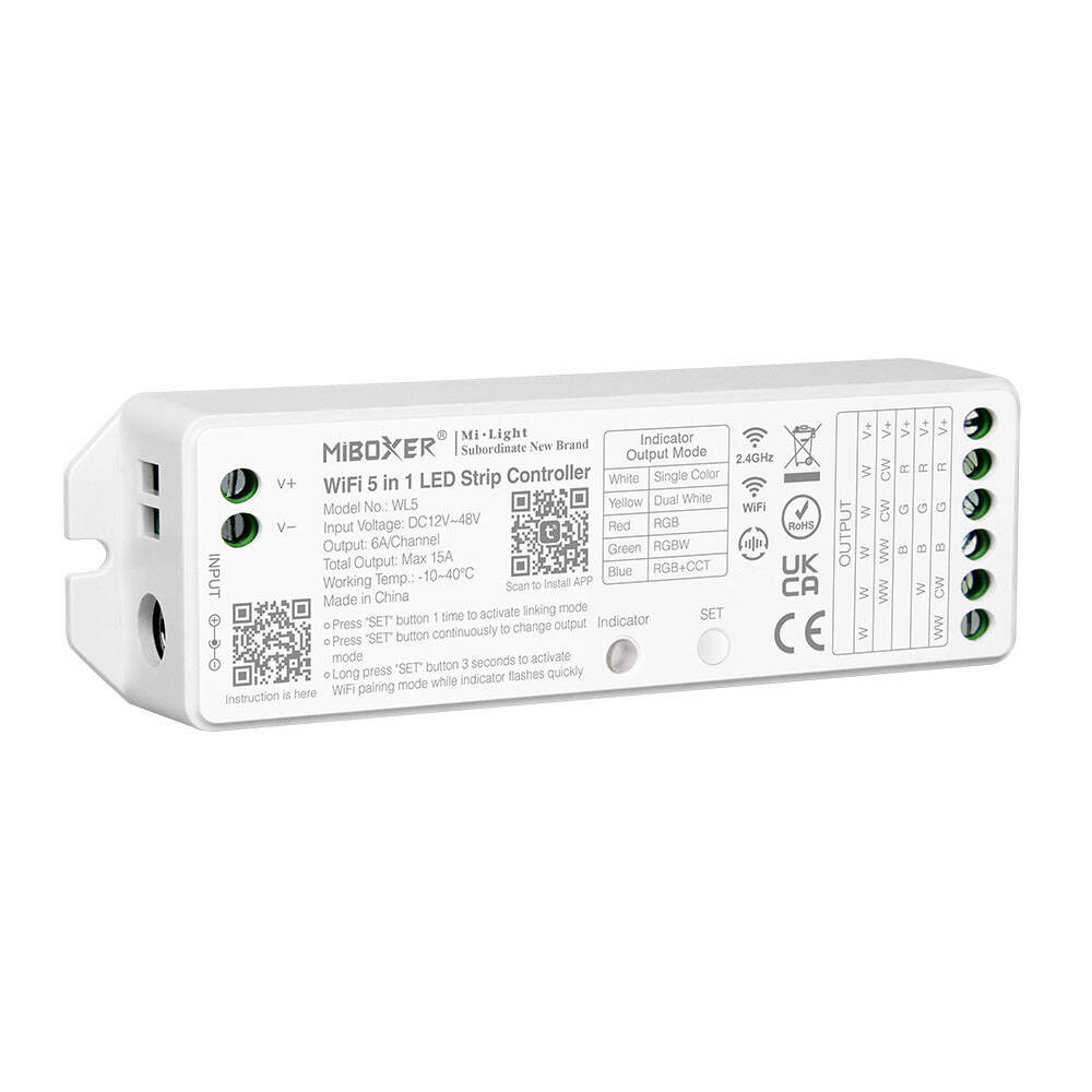 Contrôleur Variateur LED WiFi 5 en 1 pour Ruban LED 12/24V DC Monochrome/CCT/RGB/RGBW/RGBWW MiBoxer Monocolor / CCT / v38016