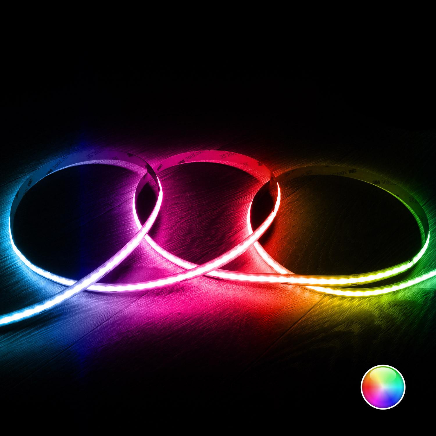 Ruban LED RGB 24V DC COB 420LED/m 5m IP20 CRI90 Largeur 10mm Coupe 5 cm RGB